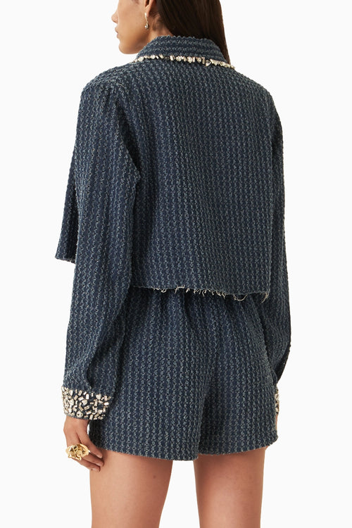 Dark Denim Lazercut Crystal Crop Shirt with Heart Crystal Shorts