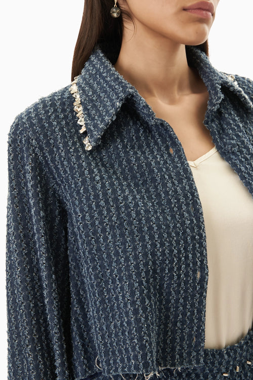 Dark Denim Lazercut Crystal Crop Shirt