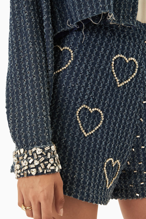 Dark Denim Lazercut Crystal Crop Shirt with Heart Crystal Shorts