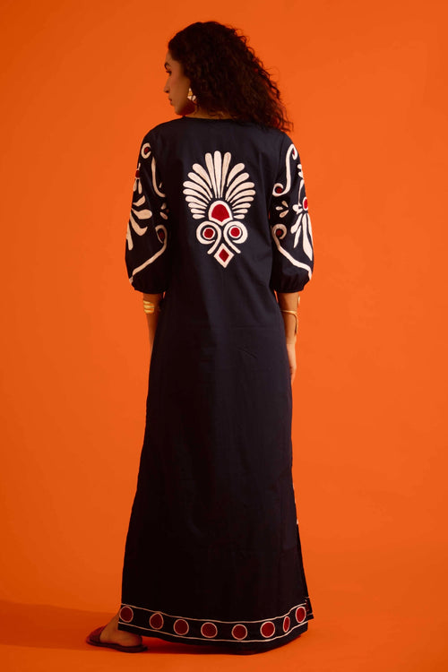 Black Botanical Maxi Thread Embroidered Dress