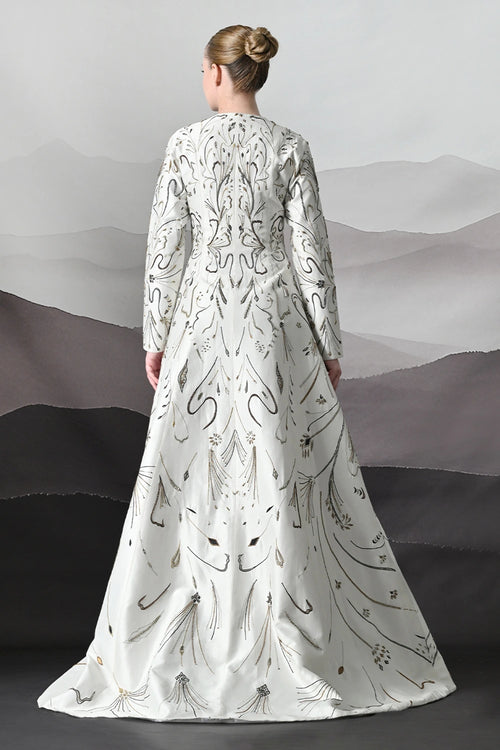 Elegant Ivory Full-Length Gown With Intricate Gold Embroidery