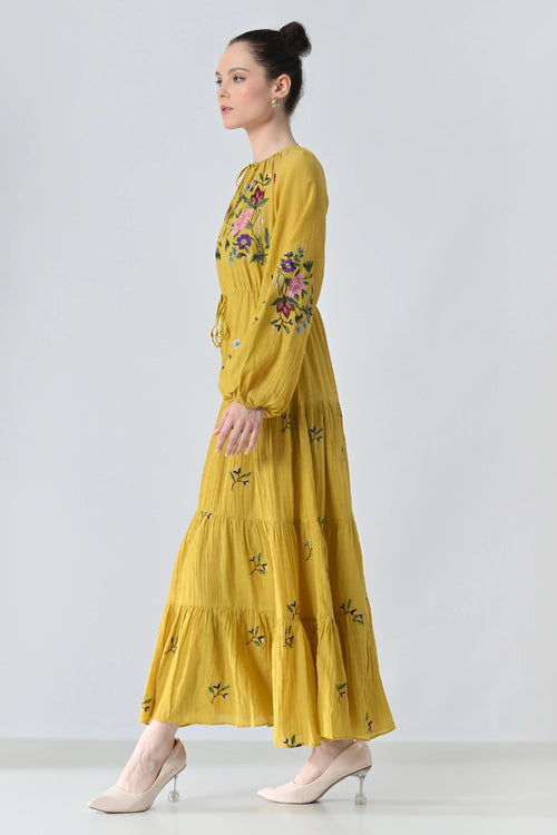 Sunflower Yellow  Embroidered Midi Dress