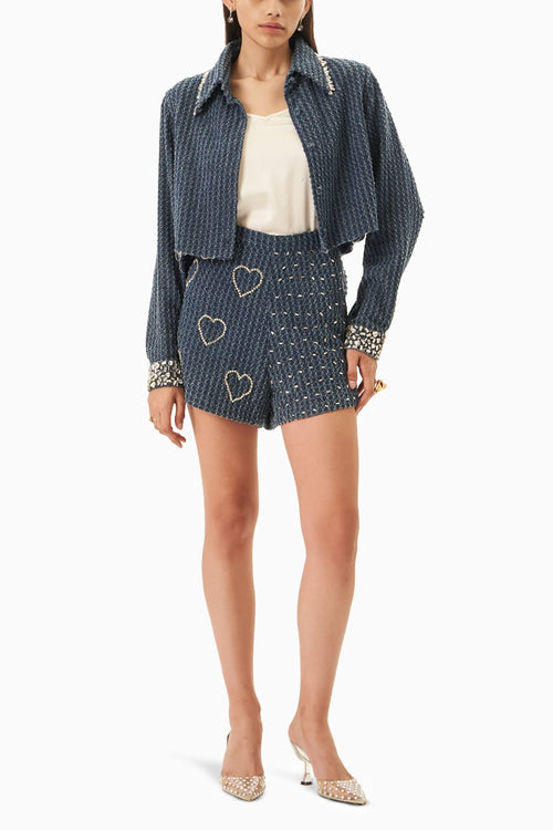 Dark Denim Lazercut Crystal Crop Shirt with Heart Crystal Shorts