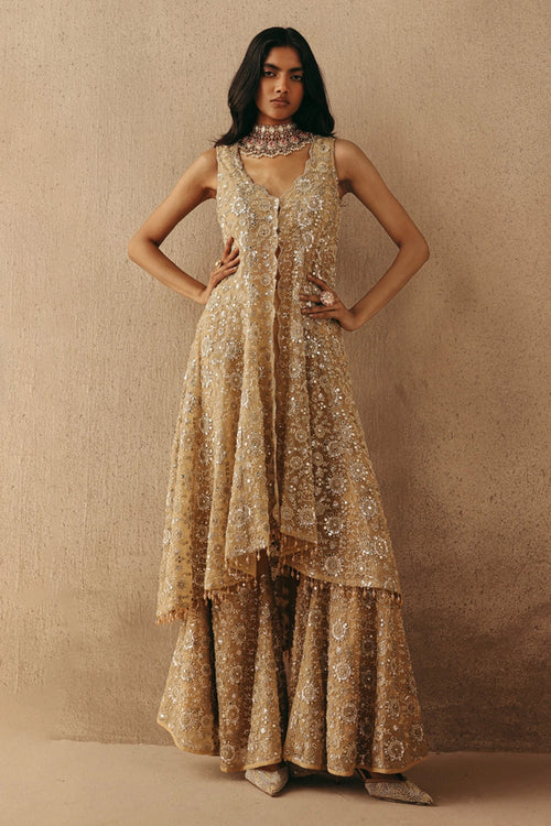 Golden Mirrorwork Asym Sherwani with Bralette and Bootcut Pants