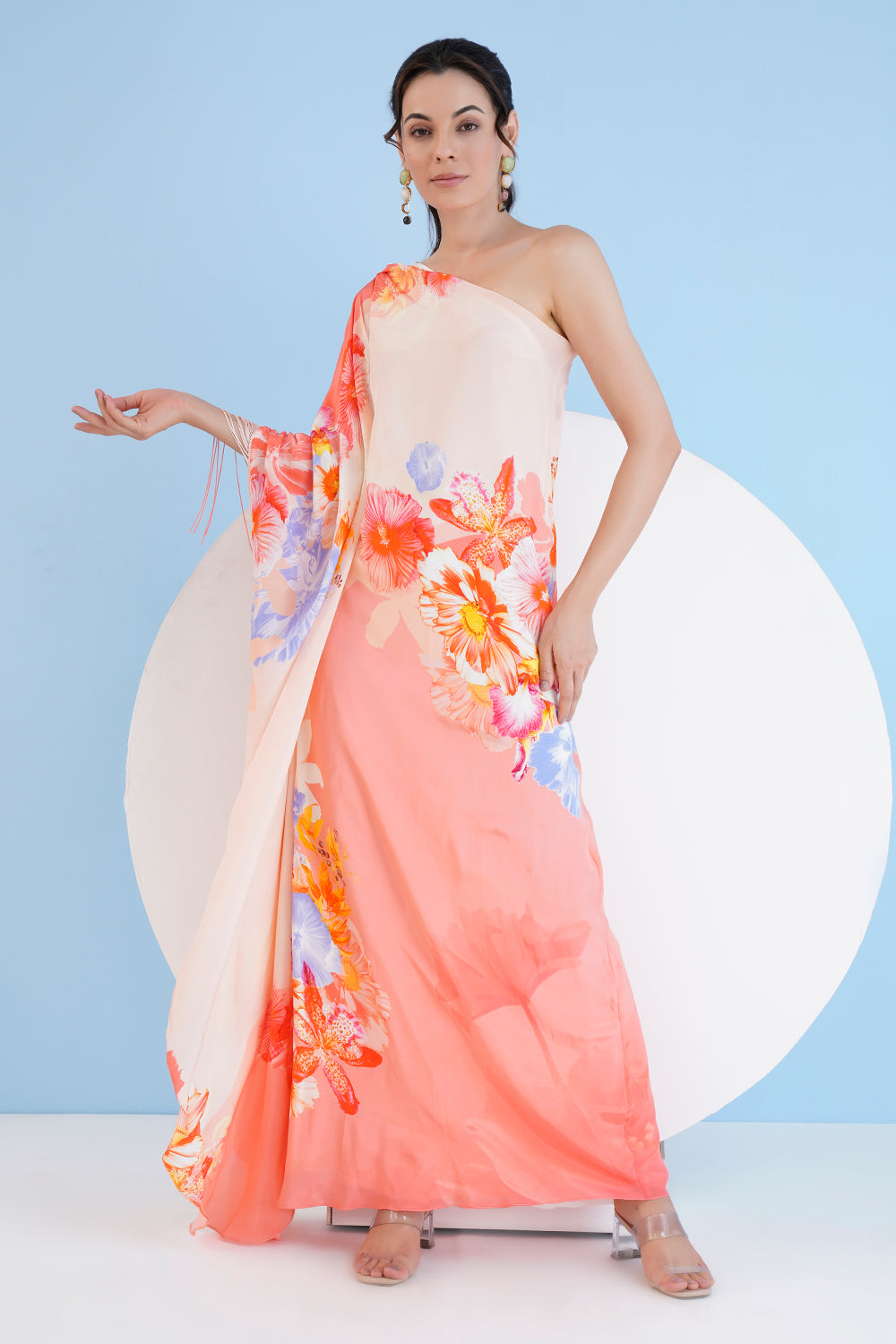 Peach Damsel One Shoulder Long Kaftan