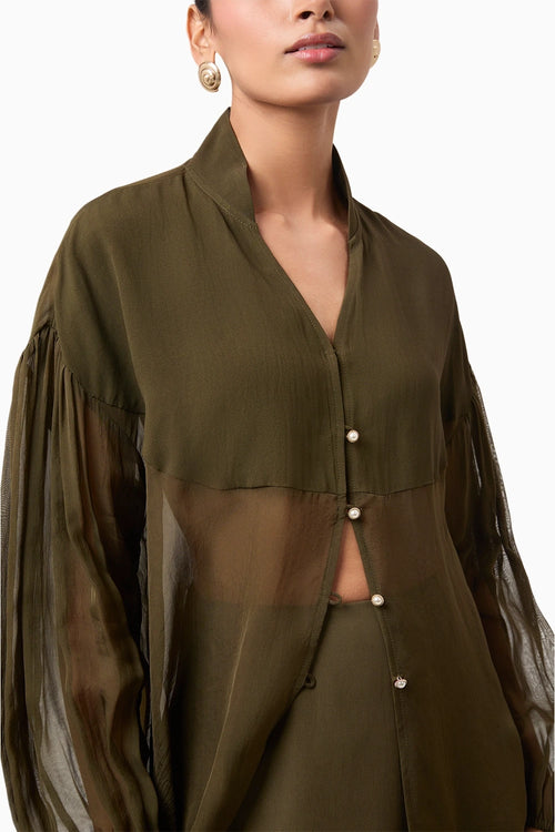 Olive Semi Sheer Organza Shirt