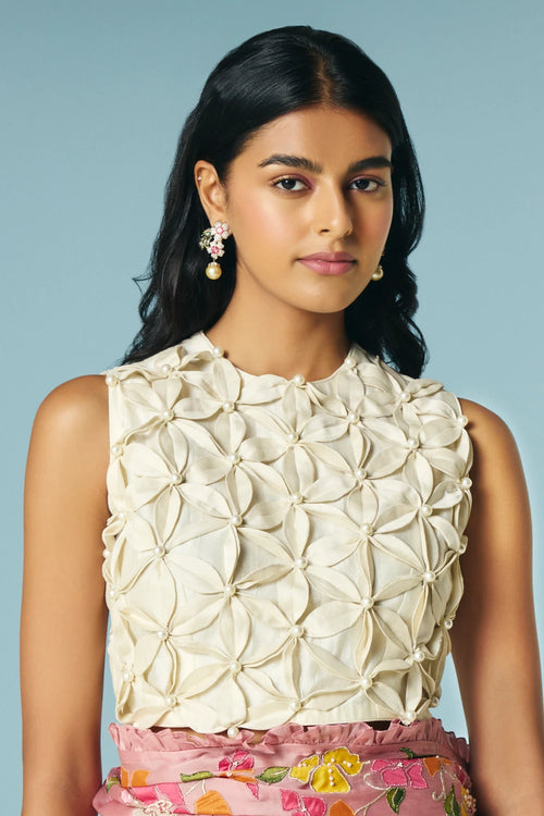 Ivory Origami Applique Beaded Top