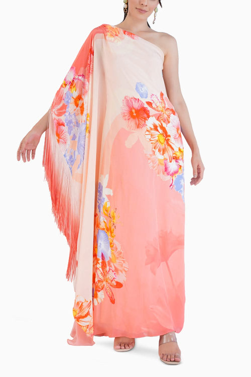 Peach Damsel One Shoulder Long Kaftan