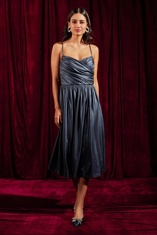 Metallic Blue Draped Bustier Midi Dress