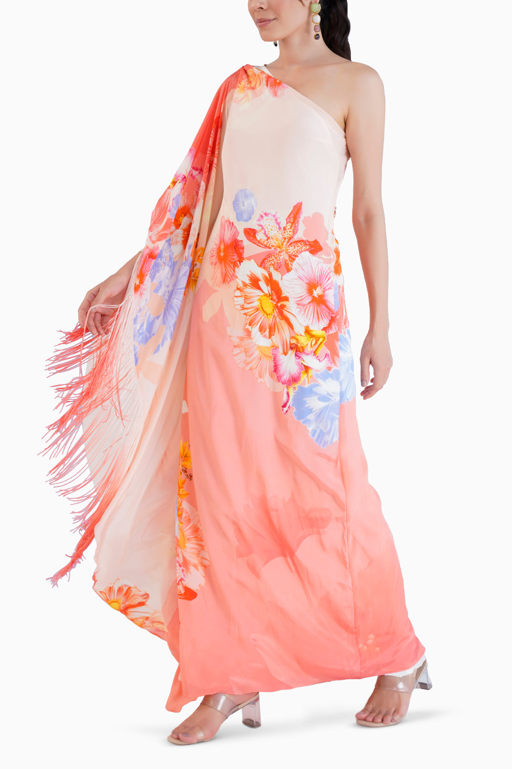 Peach Damsel One Shoulder Long Kaftan