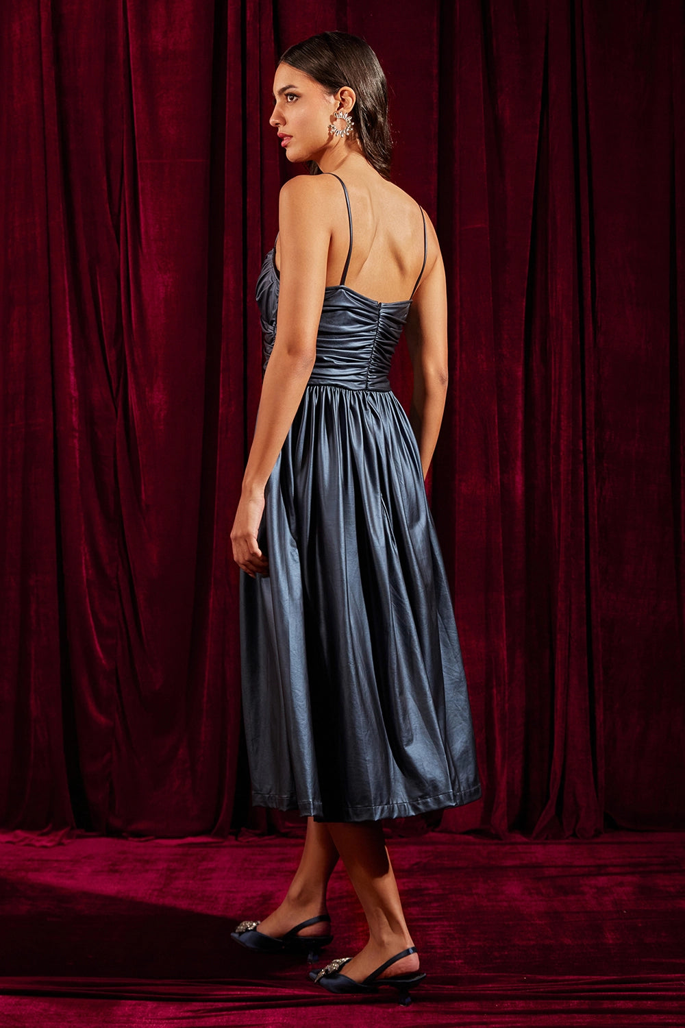 Metallic Blue Draped Bustier Midi Dress