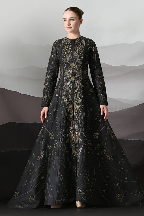 Elegant Black Full-Length Gown With Intricate Gold Embroidery