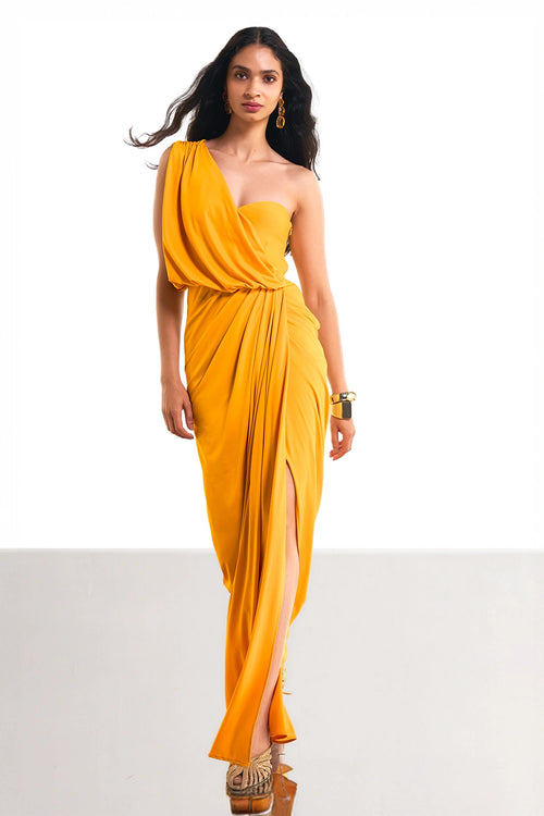 One Shoulder Draped Knit Sari Gown