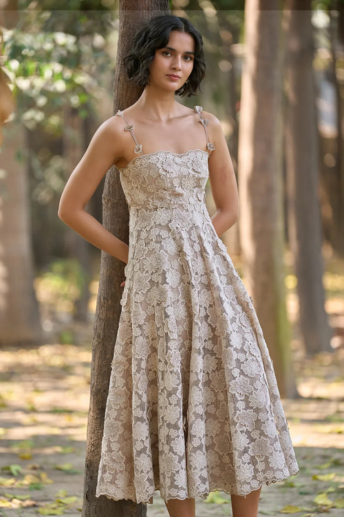 Taupe Floral Appliqué Lace Midi Dress