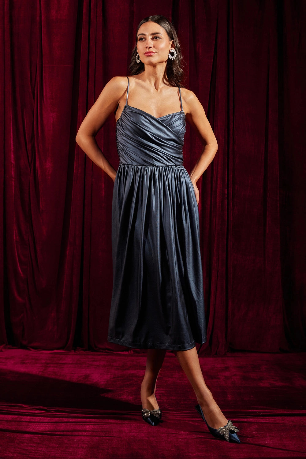 Metallic Blue Draped Bustier Midi Dress