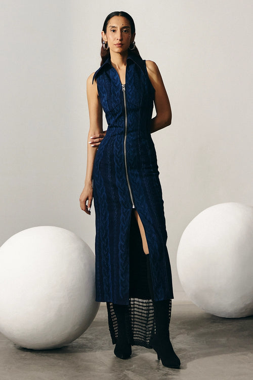 Denim Panelled Dress With Etched Knitted Pattern