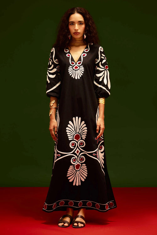 Midnight Blue Botanical Maxi Thread Embroidered Dress