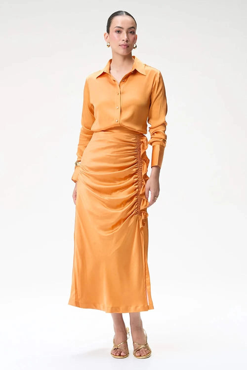 Coral Side Ruched Silk Skirt