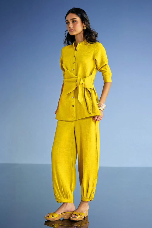 Linen-Textured Side-Tie Top and Pleated Pant Set