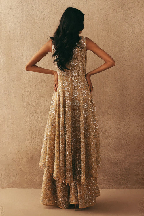 Golden Mirrorwork Asym Sherwani with Bralette and Bootcut Pants