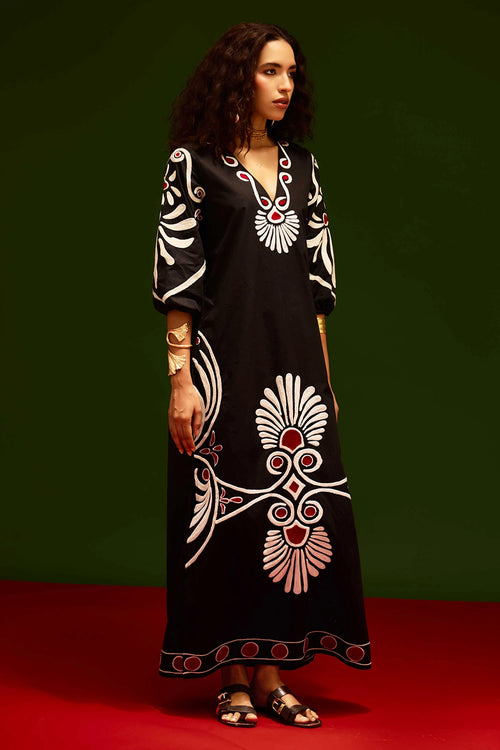 Midnight Blue Botanical Maxi Thread Embroidered Dress
