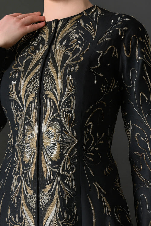 Elegant Black Full-Length Gown With Intricate Gold Embroidery