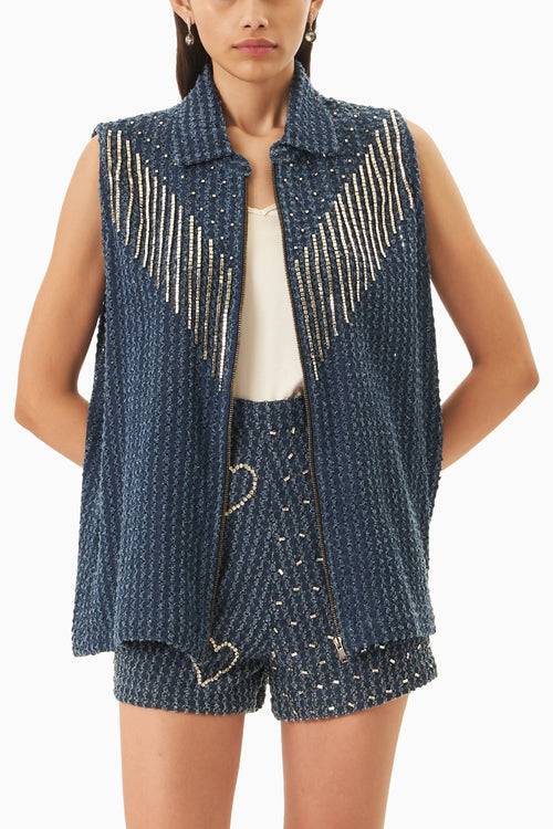 Dark Denim Lazercut Embellished Vest with Shorts