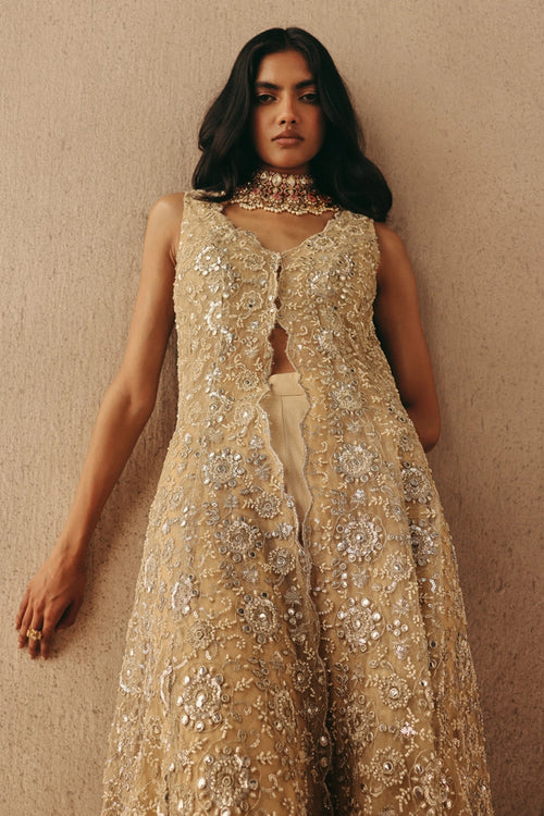 Golden Mirrorwork Asym Sherwani with Bralette and Bootcut Pants