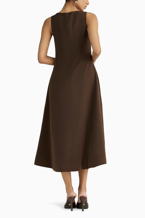 Chocolate Brown Stretch Suiting Midi Dress