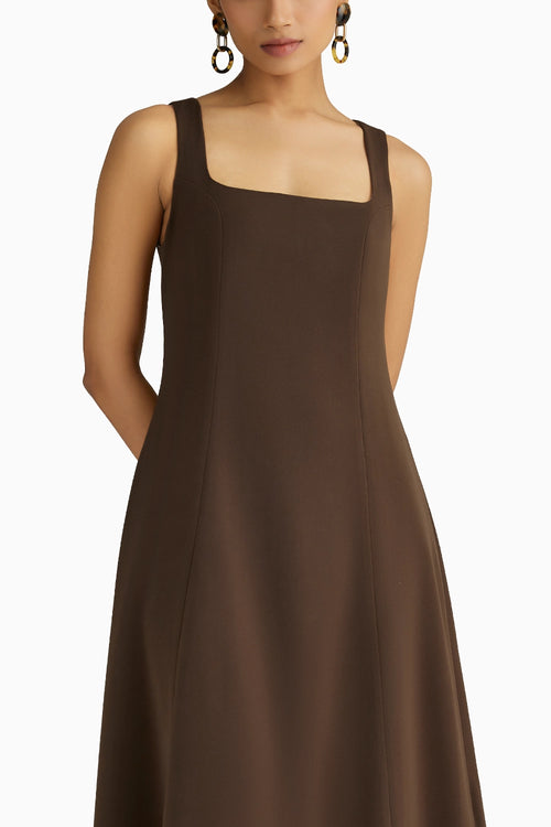 Chocolate Brown Stretch Suiting Midi Dress