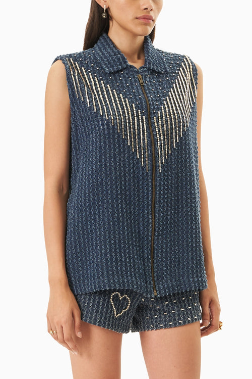 Dark Denim Lazercut Embellished Vest with Shorts