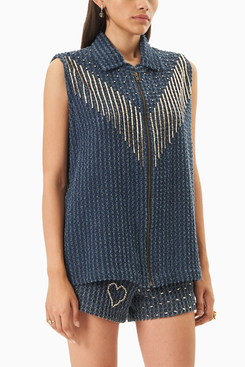 Dark Denim Lazercut Embellished Vest with Shorts