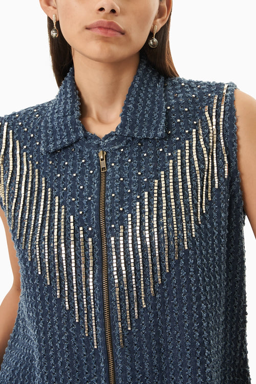 Dark Denim Lazercut Embellished Vest with Shorts