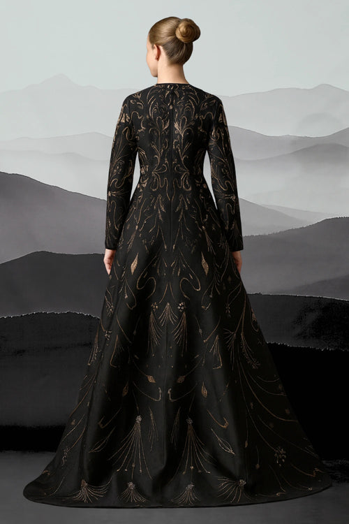 Elegant Black Full-Length Gown With Intricate Gold Embroidery