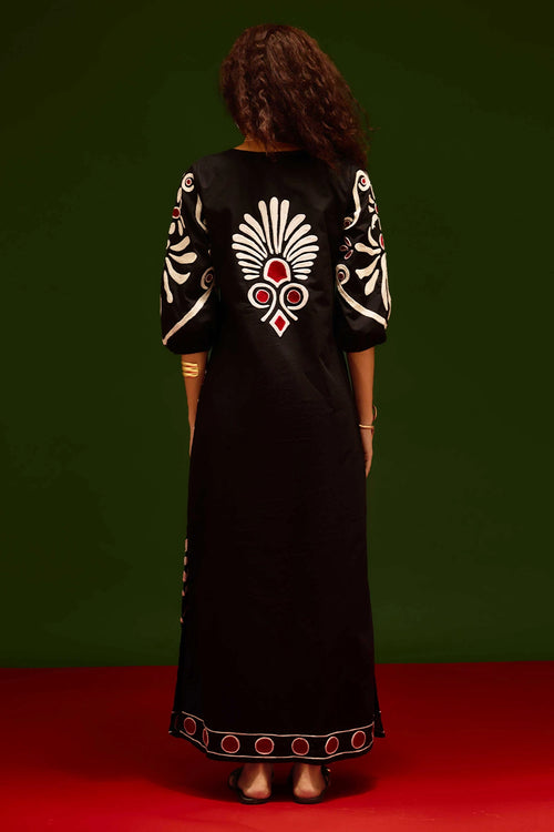 Midnight Blue Botanical Maxi Thread Embroidered Dress