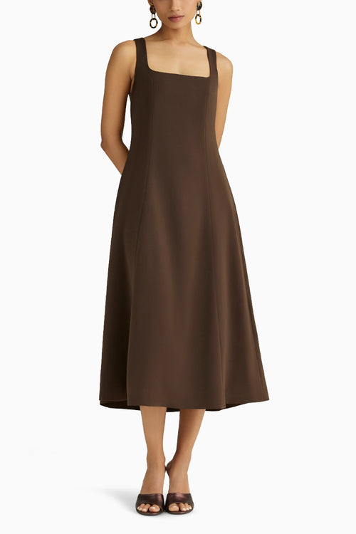 Chocolate Brown Stretch Suiting Midi Dress
