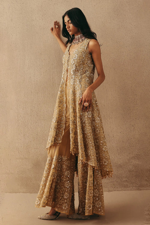 Golden Mirrorwork Asym Sherwani with Bralette and Bootcut Pants