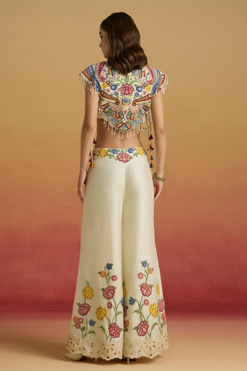 Ivory Embellished Yoke Amaryllis Top with Floral Sharara
