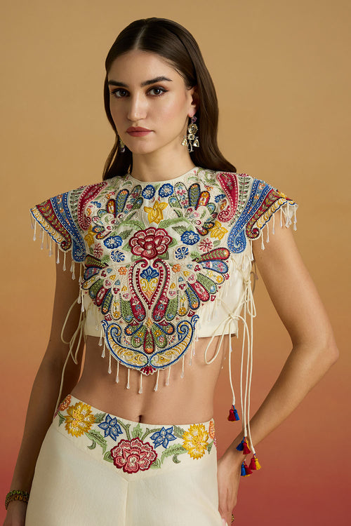 Ivory Embellished Yoke Amaryllis Top with Floral Sharara