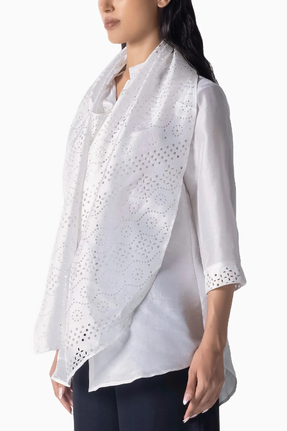 White Cutwork Scarf Shirt