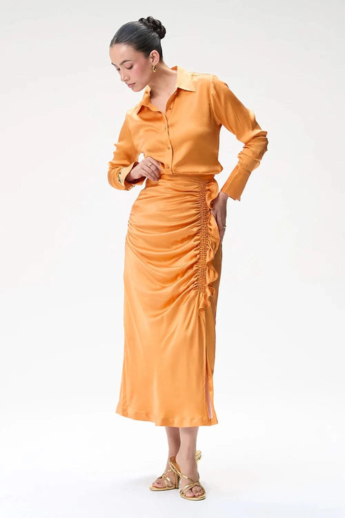 Coral Side Ruched Silk Skirt