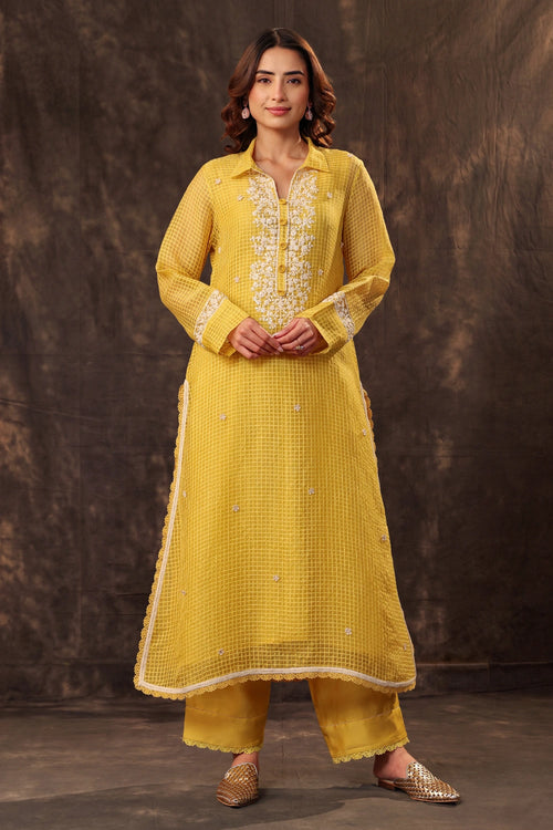 Vaayu Yellow Collar Kurta Set