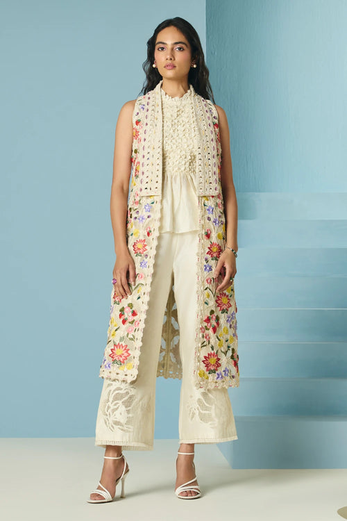 Ivory Floral Threadwork And Beadwork Long Jacket With Top And Pants