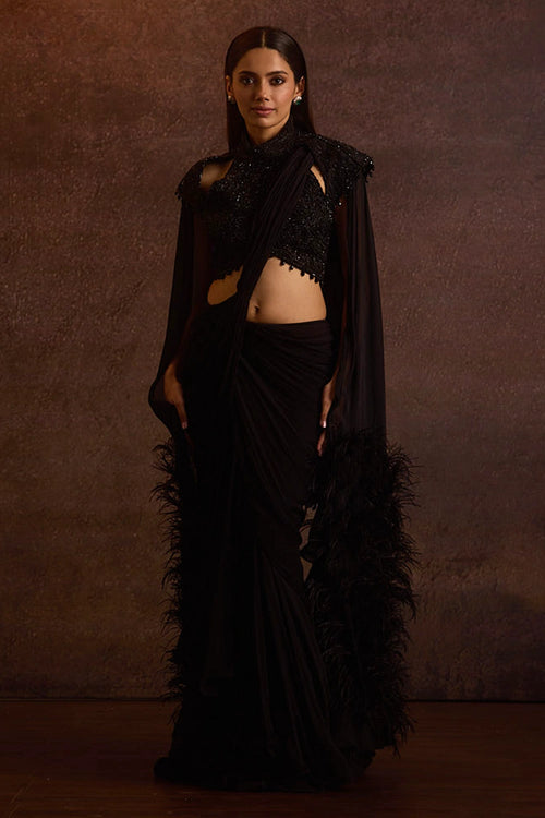 Anahira Black Feather Cape Sleeves Pre Draped Ruffle Saree