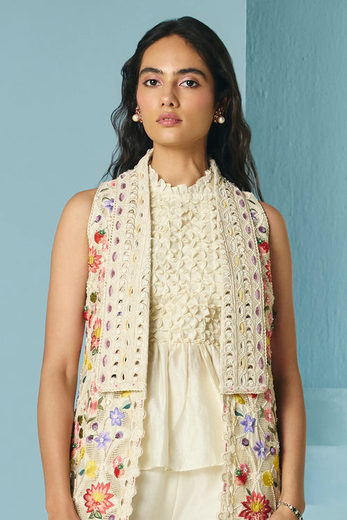 Ivory Floral Threadwork And Beadwork Long Jacket With Top And Pants