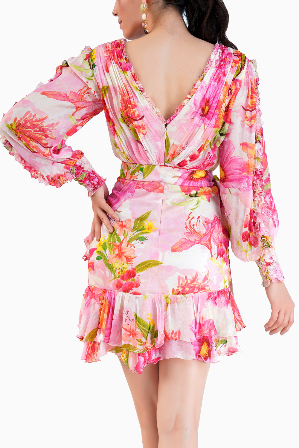 Pink Chiffon Printed Short Frilled Dress