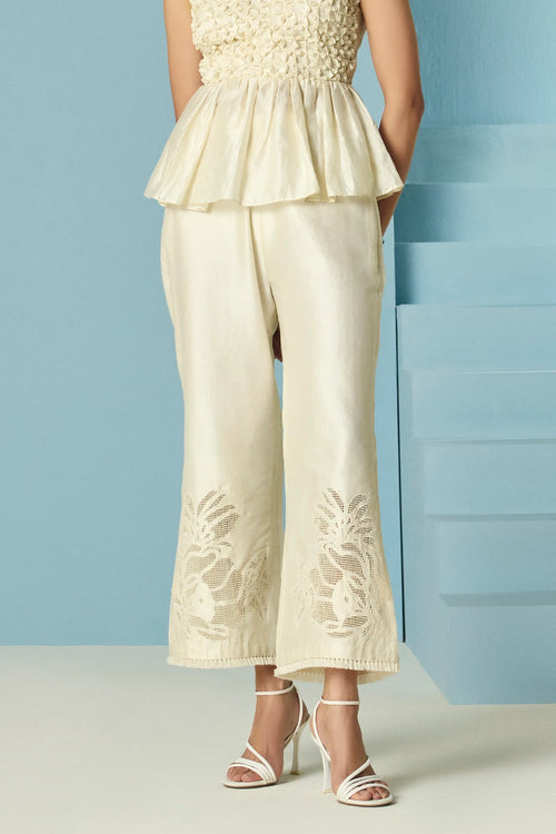 Ivory Floral Threadwork And Beadwork Long Jacket With Top And Pants
