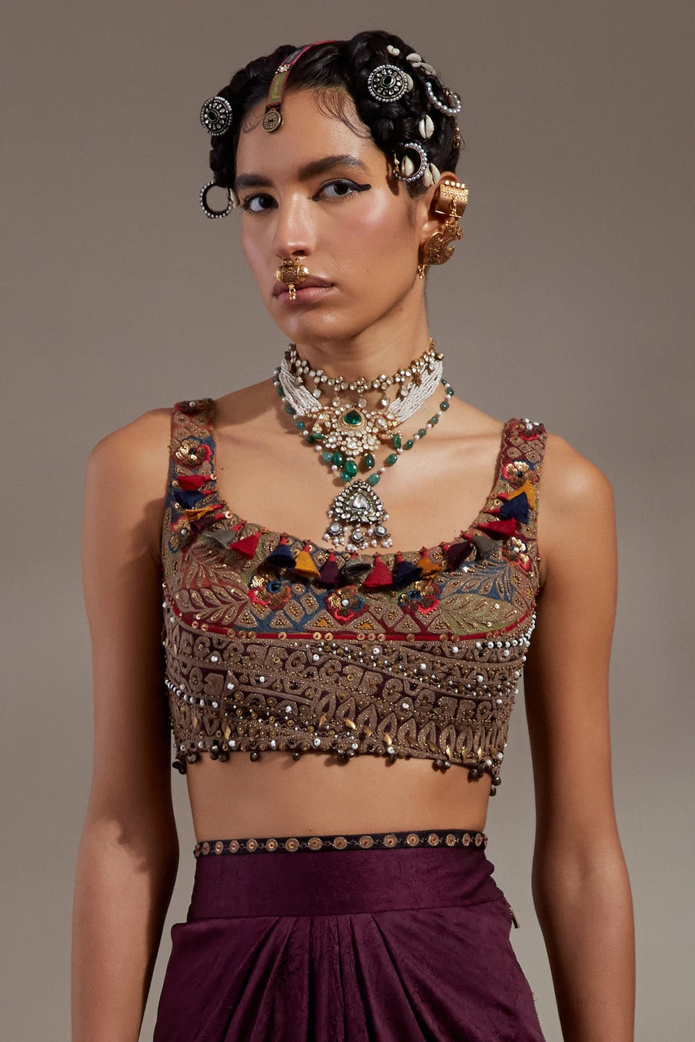 Jamuni Anka Blouse And Drapped Skirt With Veni Dupatta Jacket Set
