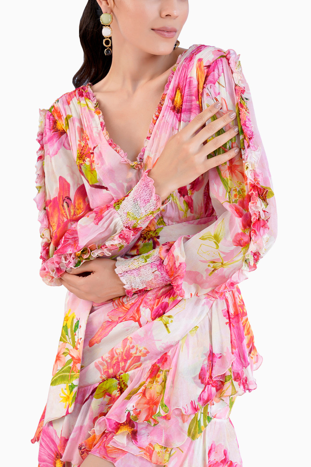 Pink Chiffon Printed Short Frilled Dress