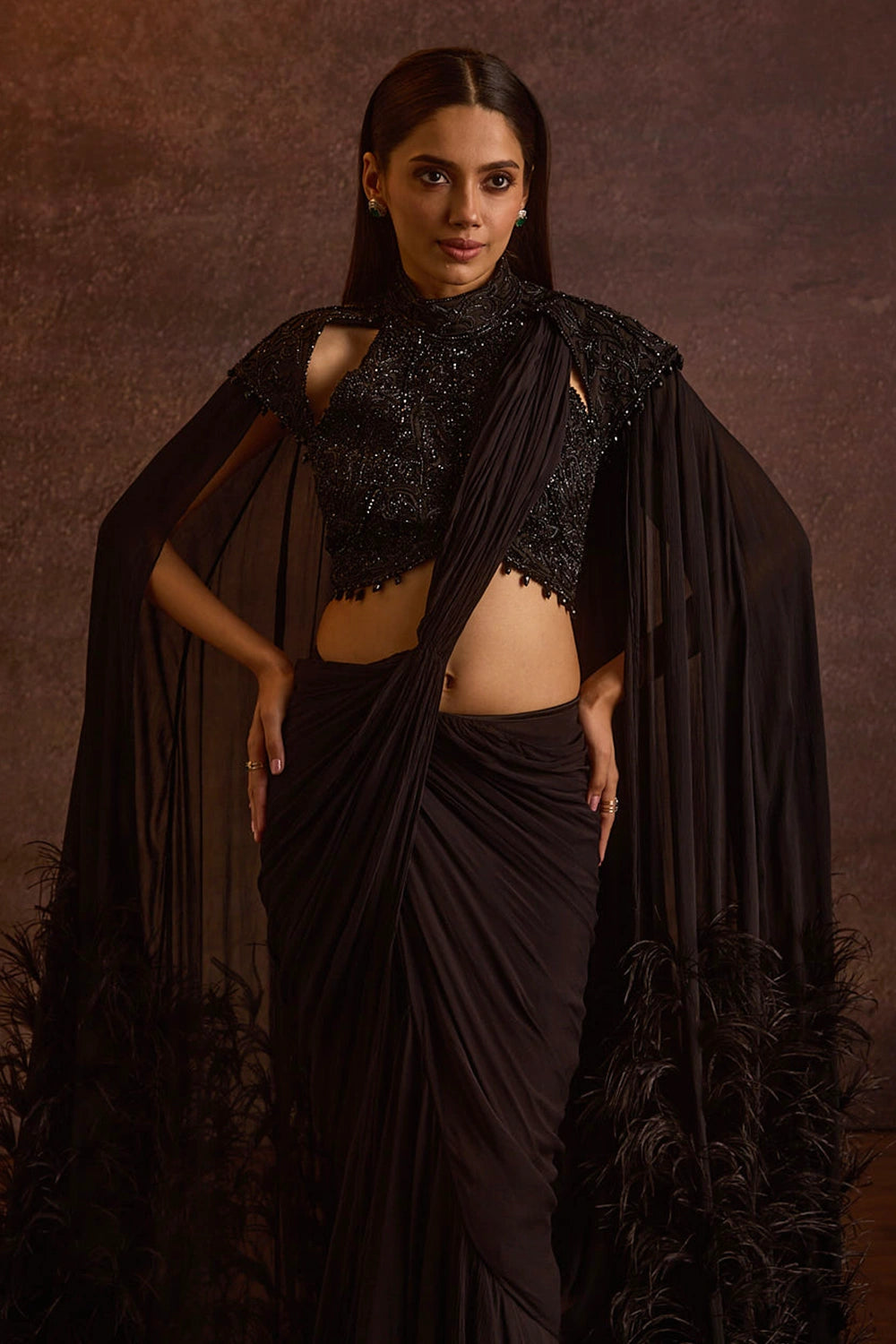 Anahira Black Feather Cape Sleeves Pre Draped Ruffle Saree